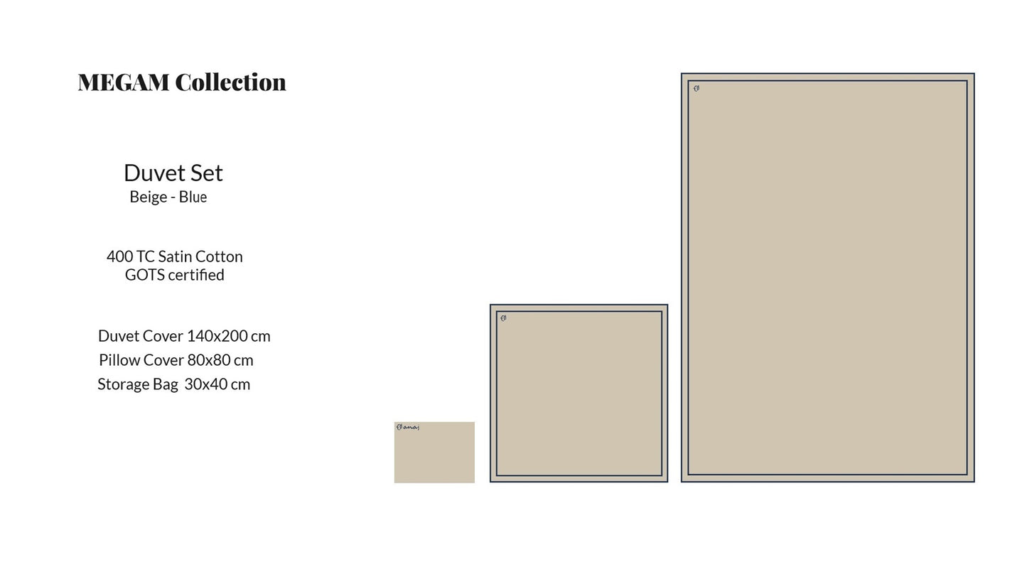 MEGAM Bettbezug-Set mit dunkelblauer Stickerei auf beigem Stoff (140x200 cm)