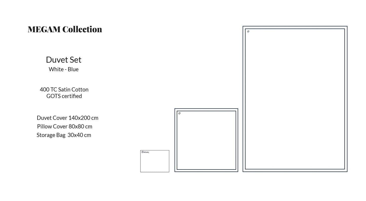 MEGAM Bettbezug-Set mit dunkelblauer Stickerei auf weißem Stoff (140x200 cm)