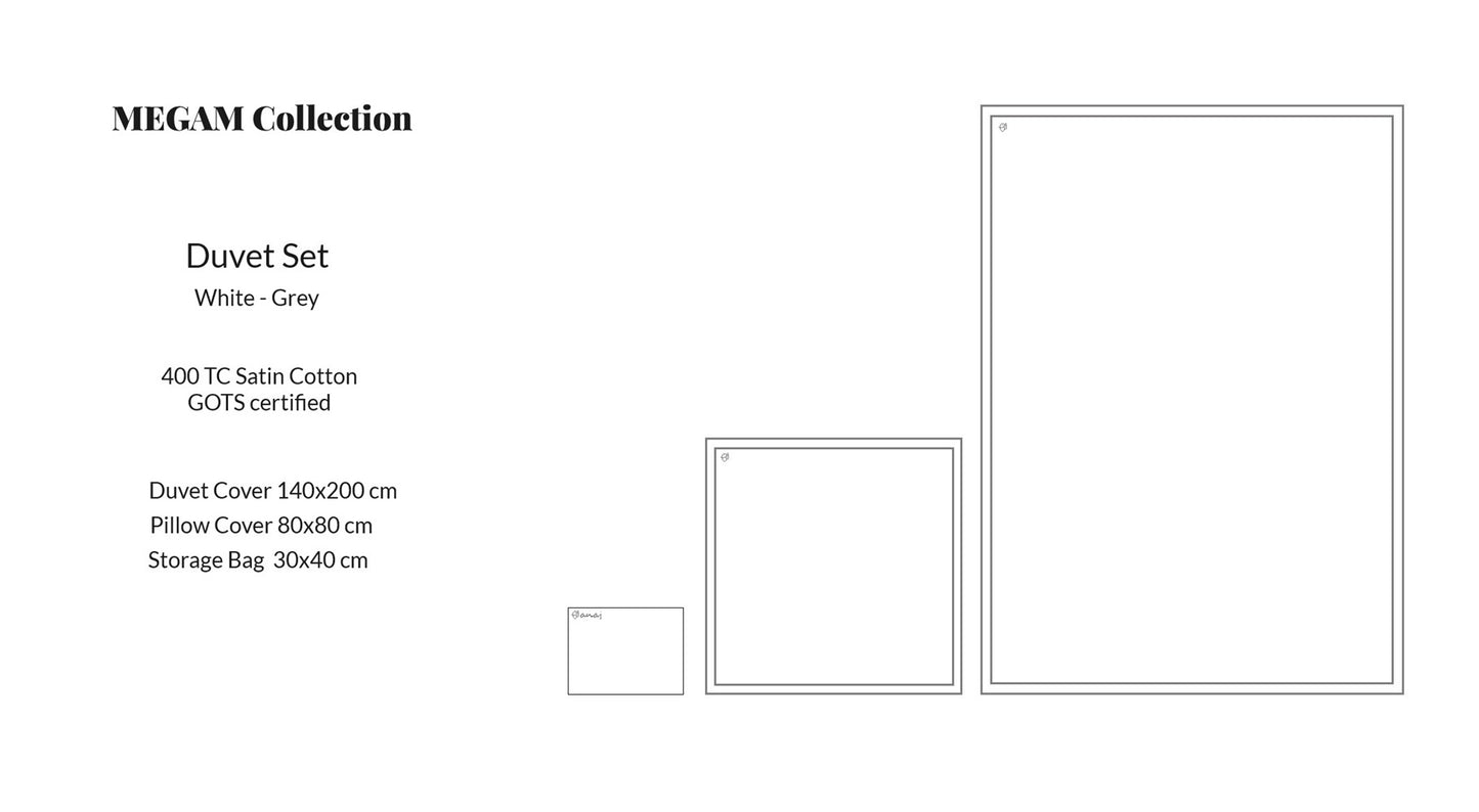 MEGAM Bettbezug-Set mit grauer Stickerei auf weißem Stoff (140x200 cm)