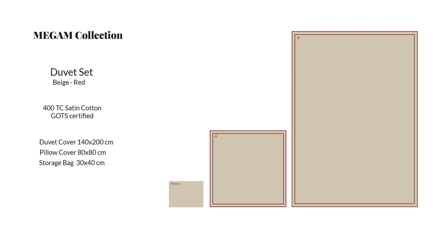 MEGAM Bettbezug-Set mit roter Stickerei auf beigem Stoff (140x200 cm)